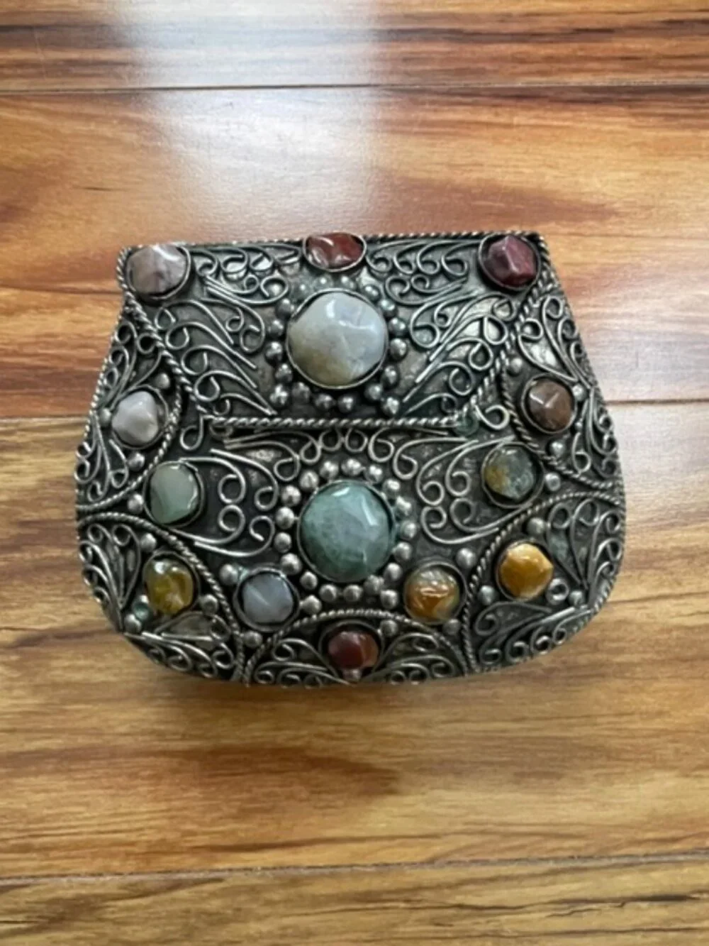 The Vintage Sajai Filigree Metal Purse with Agate Stones is a handcrafted piece